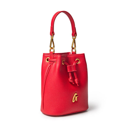 Red mini pebble bucket bag with gold hardware, adjustable drawstring closure, and a decorative gold "G" charm.