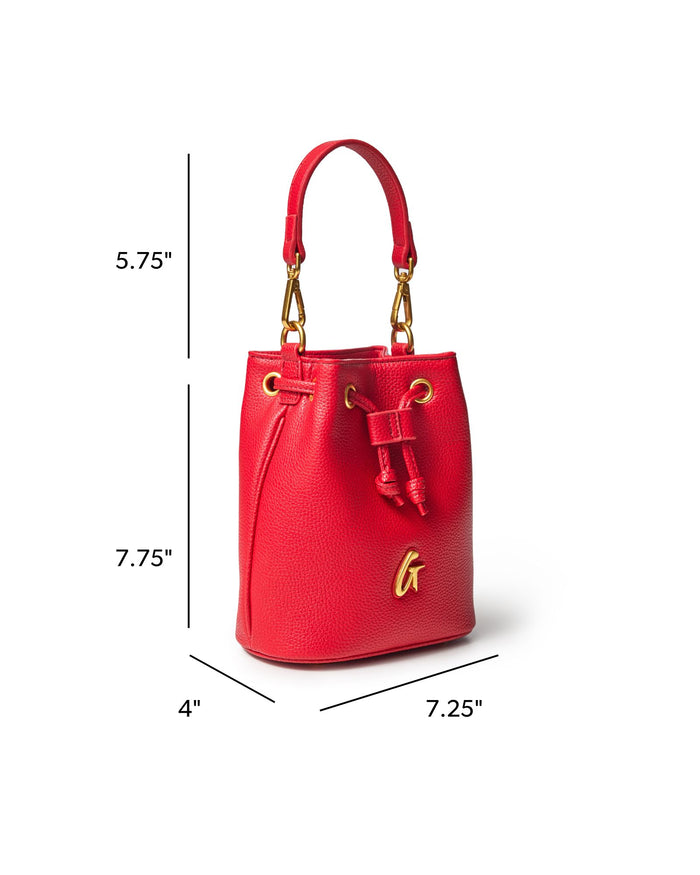 Red mini pebble bucket bag with a stylish design, featuring a drawstring closure and gold-tone hardware.