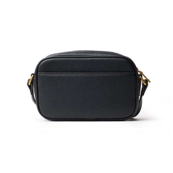 Black mini pebble camera bag with a textured surface, gold-tone hardware, and adjustable strap.