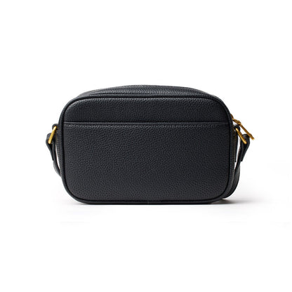 Black mini pebble camera bag with a textured surface, gold-tone hardware, and adjustable strap.