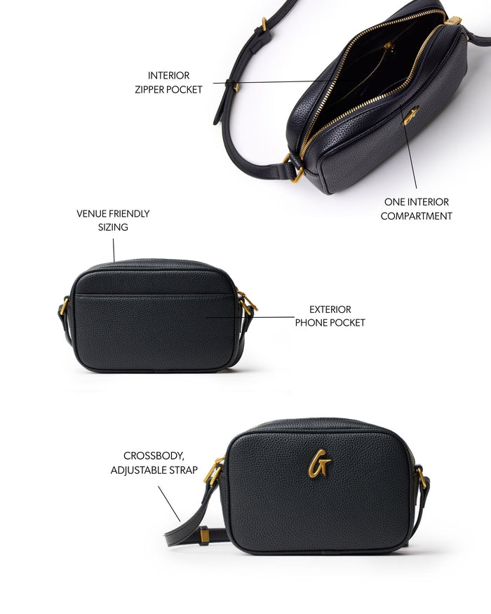 Mini pebble camera bag in black featuring an adjustable crossbody strap, exterior phone pocket, and interior zipper pocket.