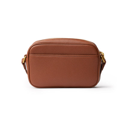 Mini Pebble Camera Bag in brown leather with gold-tone hardware, compact design, and adjustable strap.