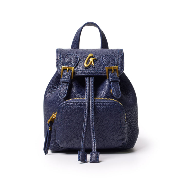 Mini navy pebble crossbody backpack with gold hardware, front zip pocket, and adjustable straps.