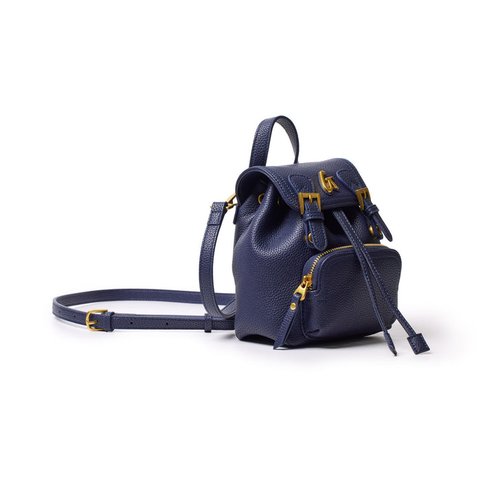 Mini navy pebble leather crossbody backpack with gold-tone hardware, adjustable strap, and front zip pocket.