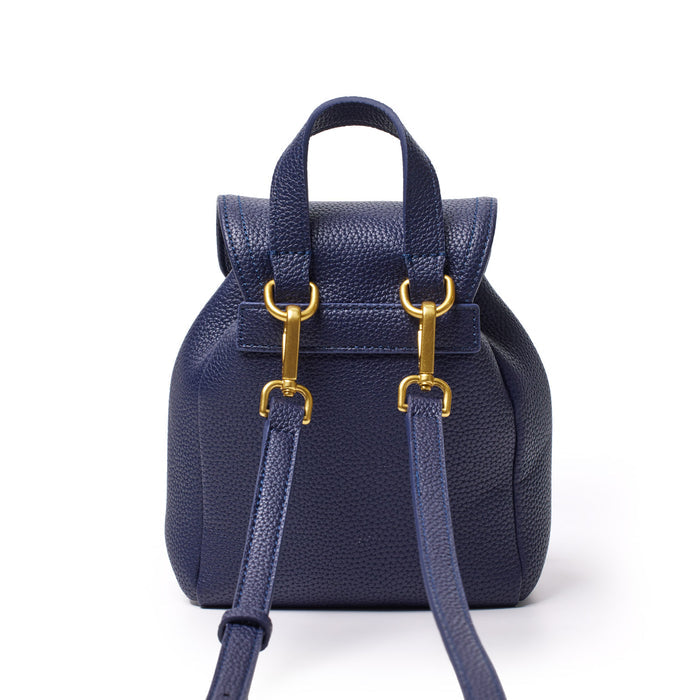 Mini navy pebble crossbody backpack with gold hardware, adjustable straps, and a top handle for versatile carrying.
