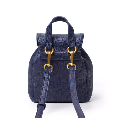 Mini navy pebble crossbody backpack with gold hardware, adjustable straps, and a top handle for versatile carrying.