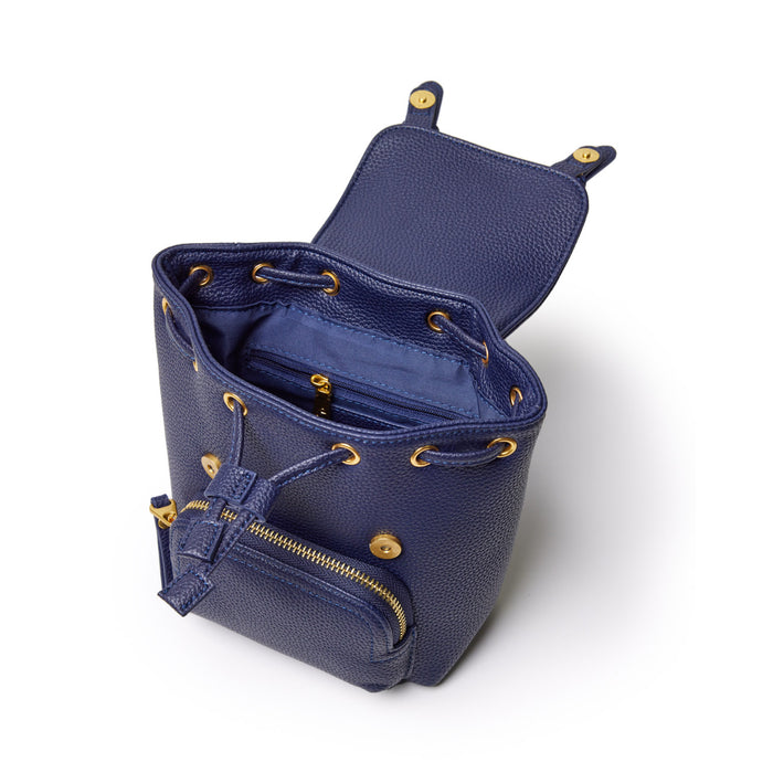 Mini navy pebble crossbody backpack with gold-tone hardware, interior zip pocket, and adjustable strap.