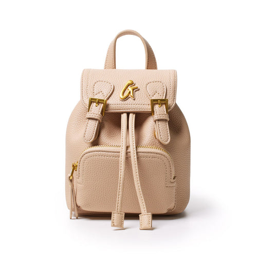 Mini pebble crossbody backpack in nude color with gold hardware, front zip pocket, adjustable straps, and a top handle.