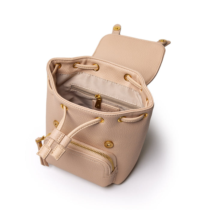 Mini pebble crossbody backpack in nude color with gold hardware, interior zip pocket, and adjustable drawstring closure.