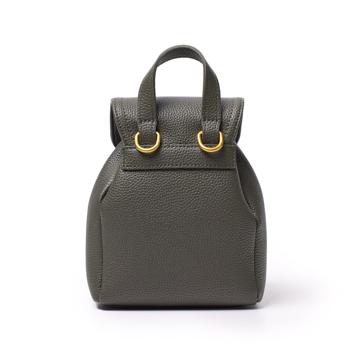 Mini pebble crossbody backpack in olive green with textured leather, gold hardware, and a top handle.