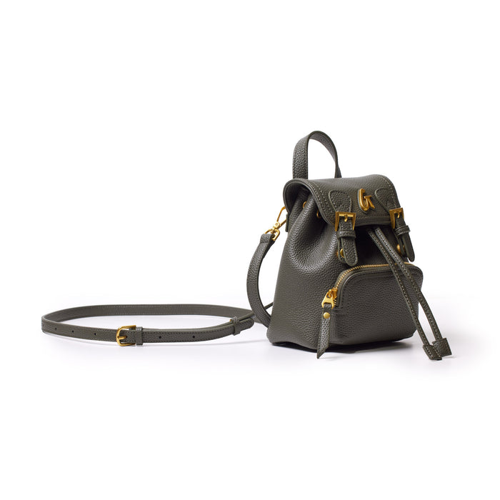 Olive green mini pebble crossbody backpack with gold hardware, adjustable strap, and front zip pocket on a white background.