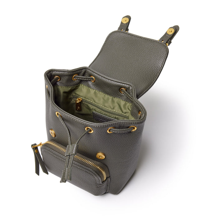 Olive green mini pebble crossbody backpack with gold hardware, interior zip pocket, and adjustable straps.