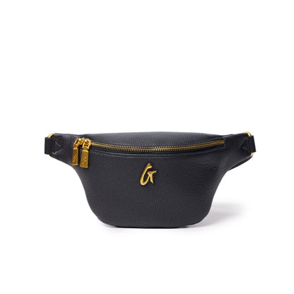 Black mini pebble leather fanny pack with gold zipper and logo, adjustable strap, compact and stylish for everyday use.
