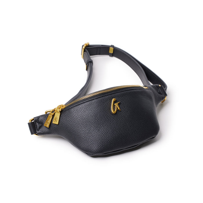 Black mini pebble leather fanny pack with gold zippers and logo, adjustable strap, compact and stylish accessory.
