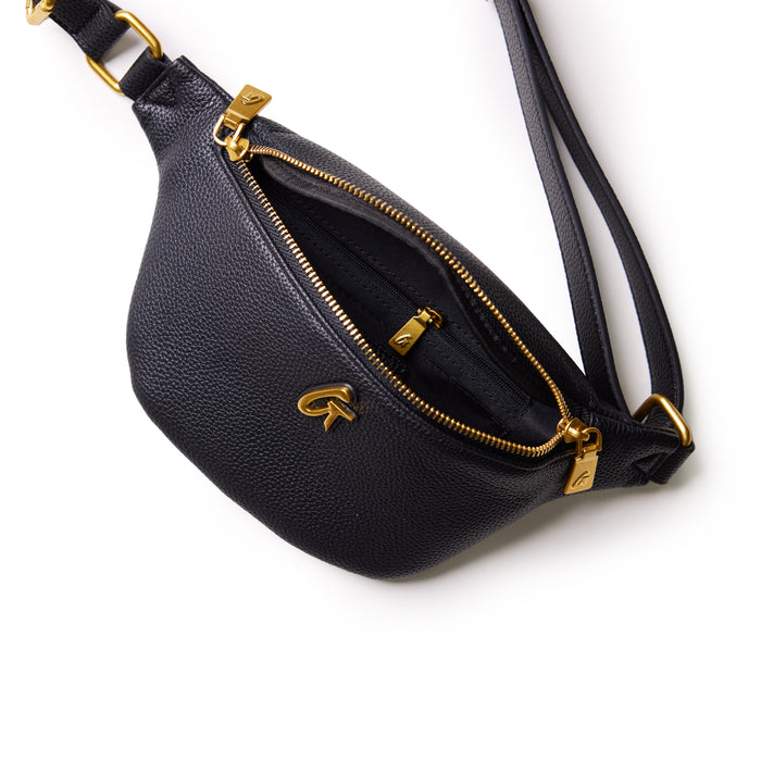Black Pebble Fanny Pack bundle with gold zipper accents, logo detail, and adjustable strap on a white background.
