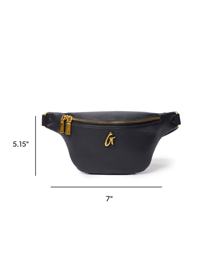 Mini black pebble fanny pack with gold zippers, stylish and functional for hands-free convenience.