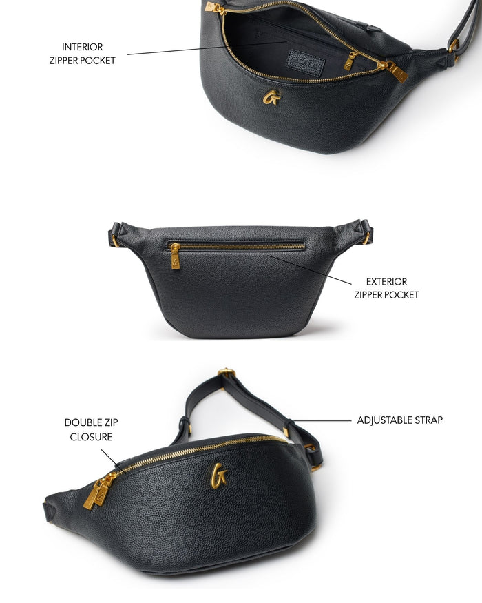 Black mini pebble fanny pack featuring exterior and interior zipper pockets, double zip closure, and adjustable strap.