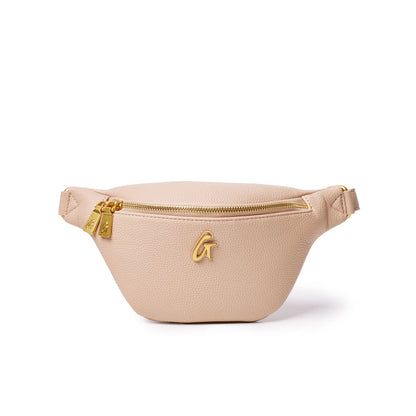 Mini pebble nude fanny pack with gold zipper and logo, made of textured material, designed for casual wear.