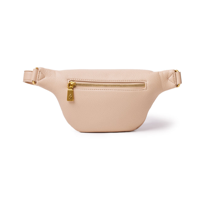 Mini pebble nude fanny pack with a front zip pocket, gold hardware, and adjustable strap for a stylish, hands-free accessory.