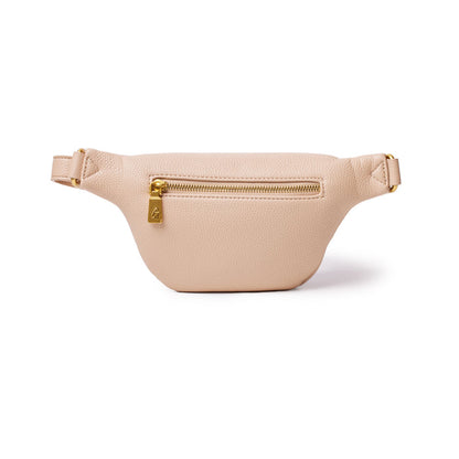 Mini pebble nude fanny pack with a front zip pocket, gold hardware, and adjustable strap for a stylish, hands-free accessory.