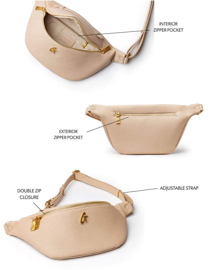 Nude mini pebble fanny pack featuring double zip closure, adjustable strap, and interior and exterior zipper pockets.