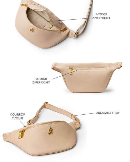 Nude mini pebble fanny pack featuring double zip closure, adjustable strap, and interior and exterior zipper pockets.