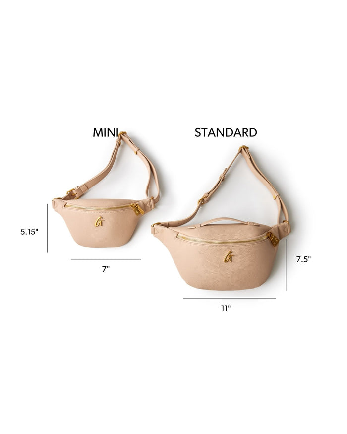 Mini Pebble Fanny Pack in nude with adjustable strap, showcasing size comparison to standard version for stylish convenience.