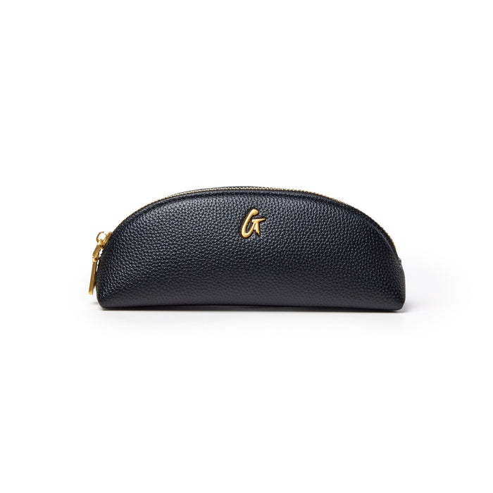 Black pebble pencil pouch featuring a gold zipper and embossed logo, perfect for stylish organization.