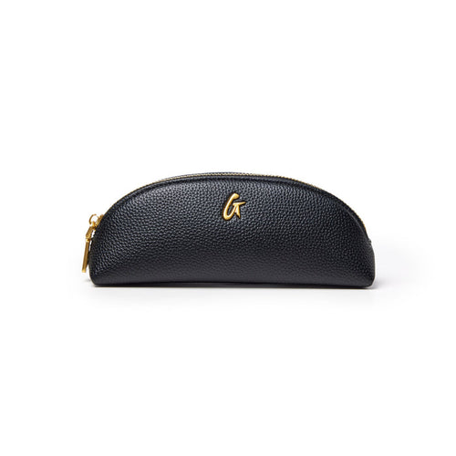 Black pebble pencil pouch featuring a gold zipper and embossed logo, perfect for stylish organization.