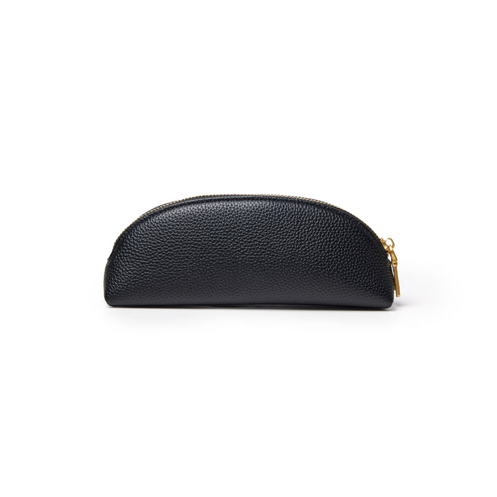 Black pebble pencil pouch with a sleek design and gold zipper, perfect for organizing writing tools and accessories.