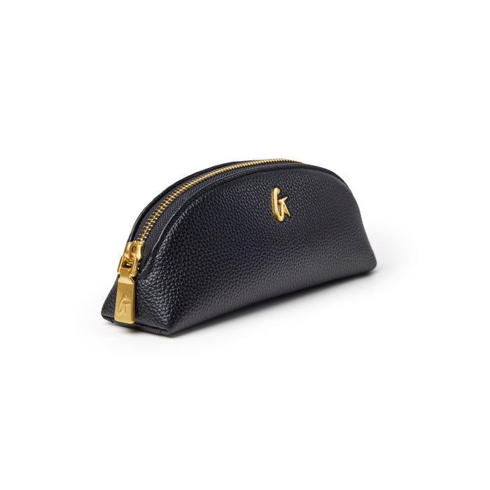 Black pebble pencil pouch with a sleek design and gold zipper, perfect for stylish organization.