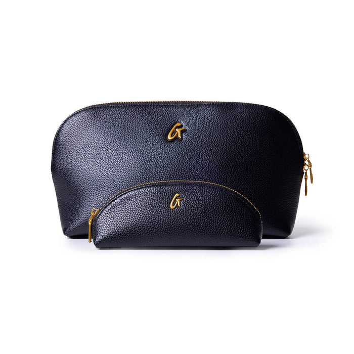 Black pebble pencil pouch set featuring a larger and smaller pouch with a sleek gold logo. Ideal for stylish organization.