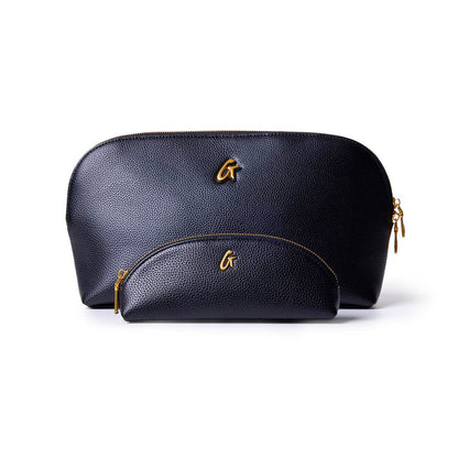 Black pebble pencil pouch set featuring a larger and smaller pouch with a sleek gold logo. Ideal for stylish organization.
