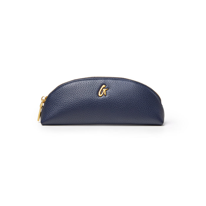 Navy pebble pencil pouch with a textured finish and gold logo, perfect for stylish organization.