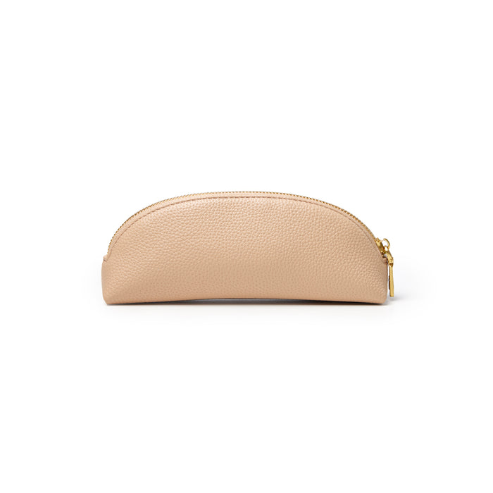 Nude pebble pencil pouch with a curved design and gold zipper, perfect for stylish organization.