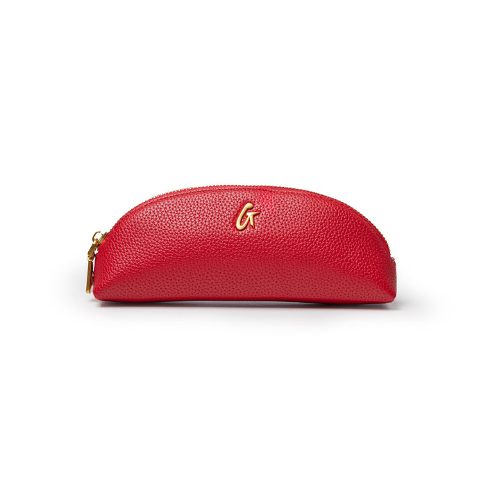 Red pebble pencil pouch with a sleek design and gold zipper, perfect for stylish organization.