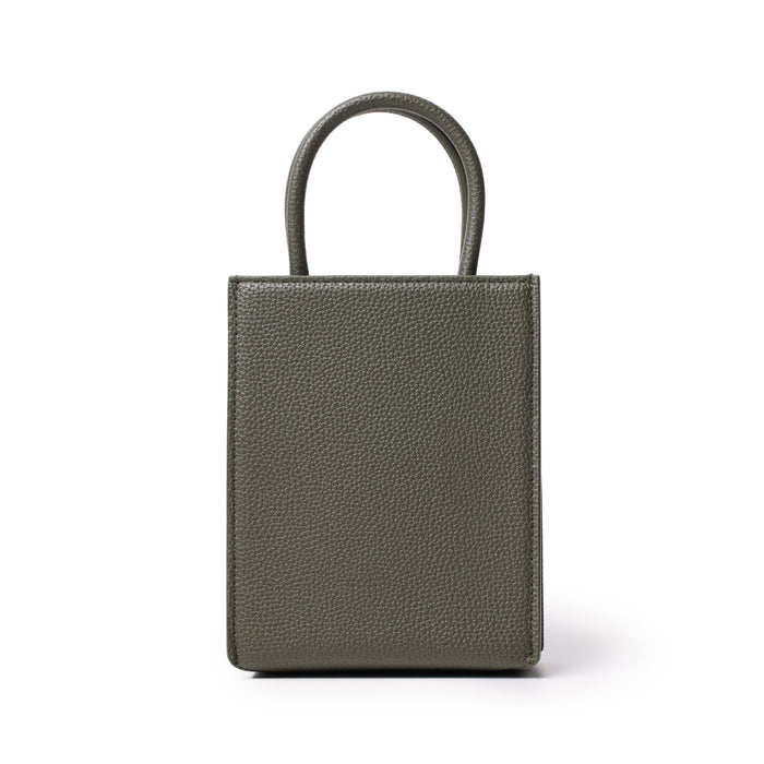 Mini pebble tote bag in olive green with textured leather finish and short top handle.