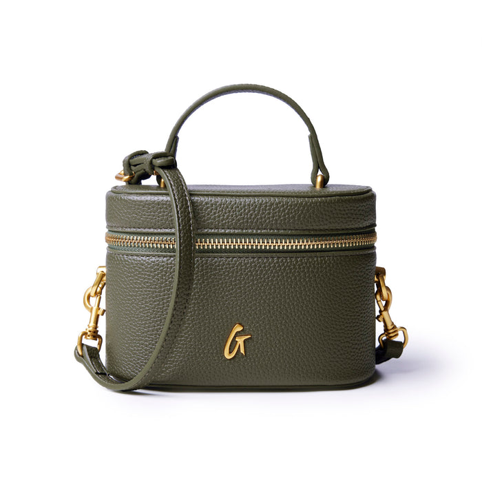 Olive green mini pebble vanity bag with a top handle and gold hardware, perfect for stylish organization.