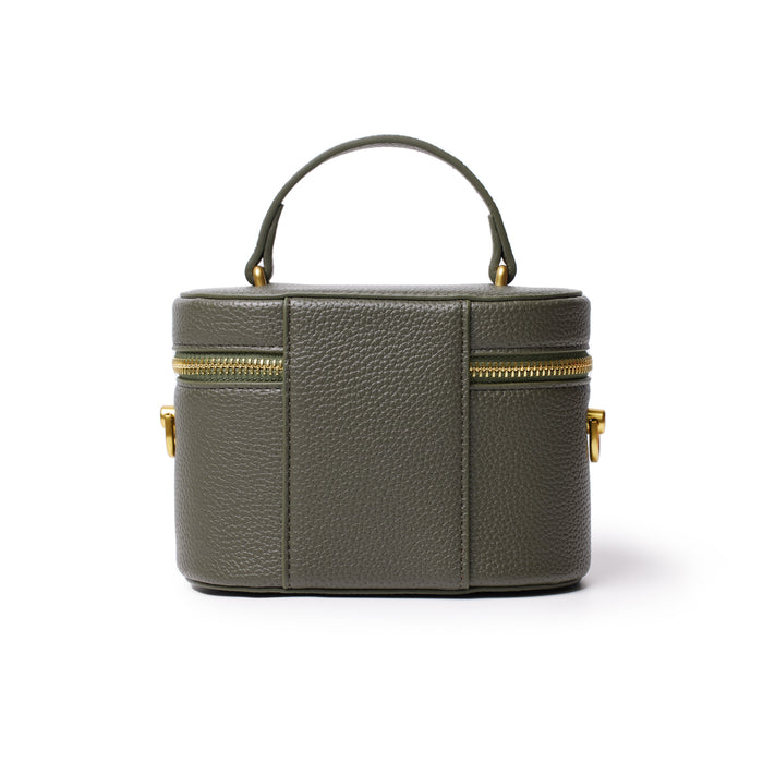 Mini olive green pebble leather vanity bag with gold zipper and handle, compact and stylish for travel essentials.