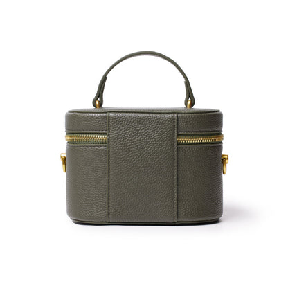 Mini olive green pebble leather vanity bag with gold zipper and handle, compact and stylish for travel essentials.