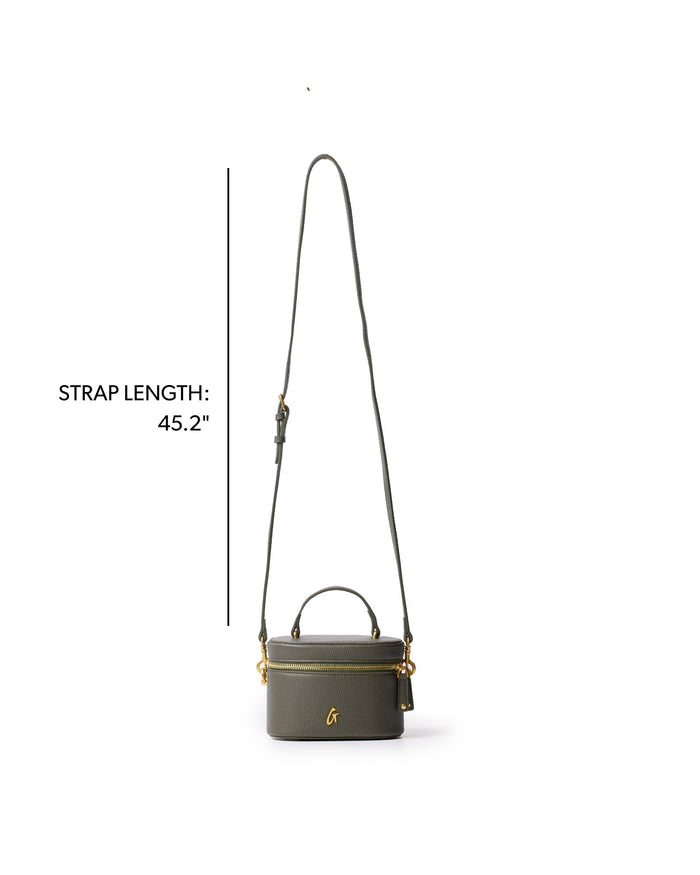 Olive green mini pebble vanity bag with a 45.2-inch adjustable strap and gold accents for a chic look.