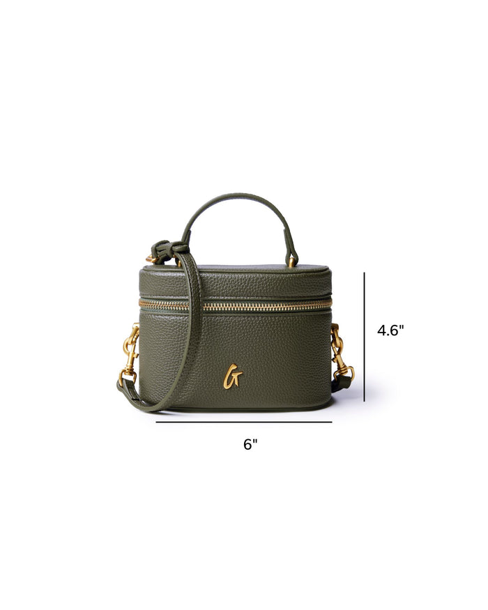 Olive green mini pebble vanity bag with gold hardware, featuring a top handle and adjustable strap.