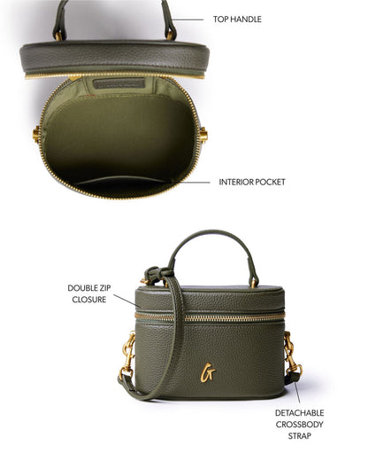 Olive green mini pebble vanity bag with top handle, double zip closure, and detachable crossbody strap.