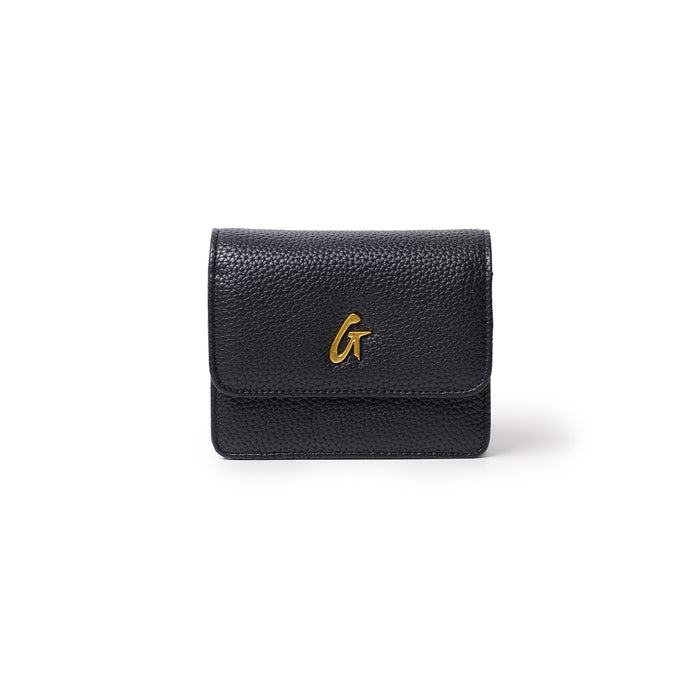 Black mini pebble leather wallet with a gold "G" logo on the front, compact and textured for everyday use.