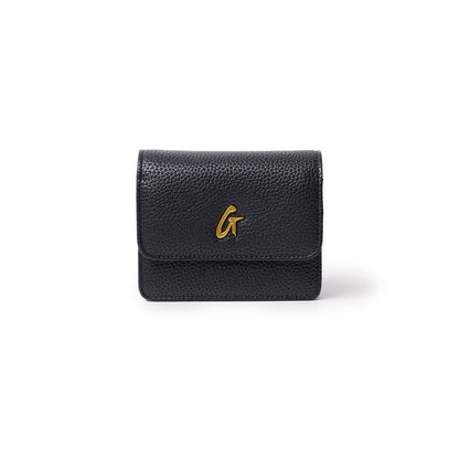 Black mini pebble leather wallet with a gold "G" logo on the front, compact and textured for everyday use.