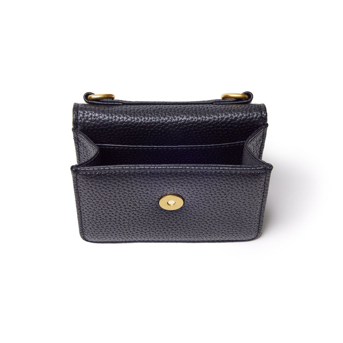 Black mini pebble leather wallet with gold hardware, open to show interior compartments and card slots.