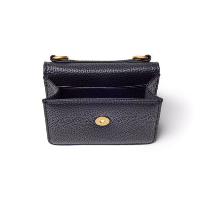 Black mini pebble leather wallet with gold hardware, open to show interior compartments and card slots.