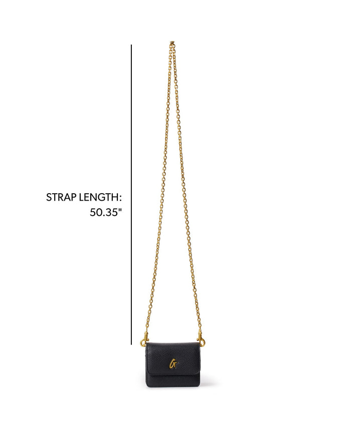 Mini Pebble WOC in black with a gold chain strap, featuring a sleek design perfect for stylish outings.