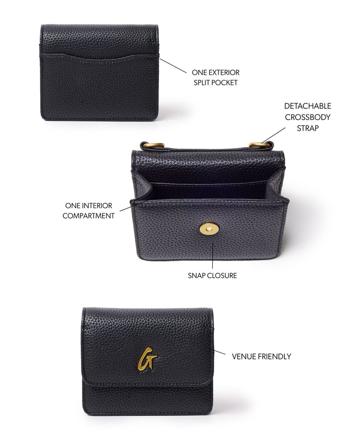 Mini Pebble WOC in black featuring a snap closure, one interior compartment, and a detachable crossbody strap.