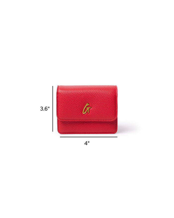 Red MINI PEBBLE WOC handbag featuring a textured finish and gold logo, measuring 3.6 inches by 4 inches.